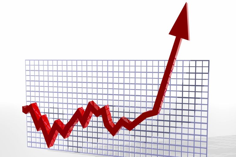 Red line graph displaying a steady upward trend on a grid background.