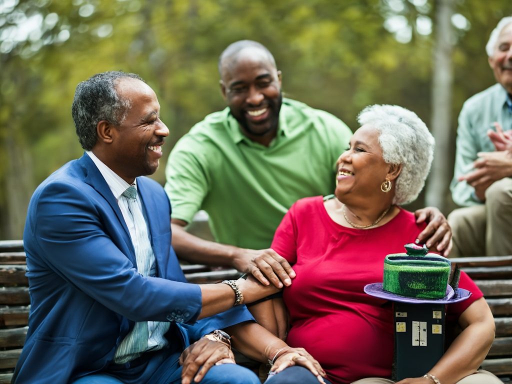 It is a joyful community gathering with three people smiling in a park setting.