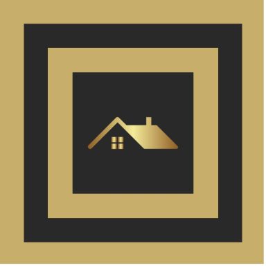 Gold and black logo featuring a house silhouette within concentric squares.