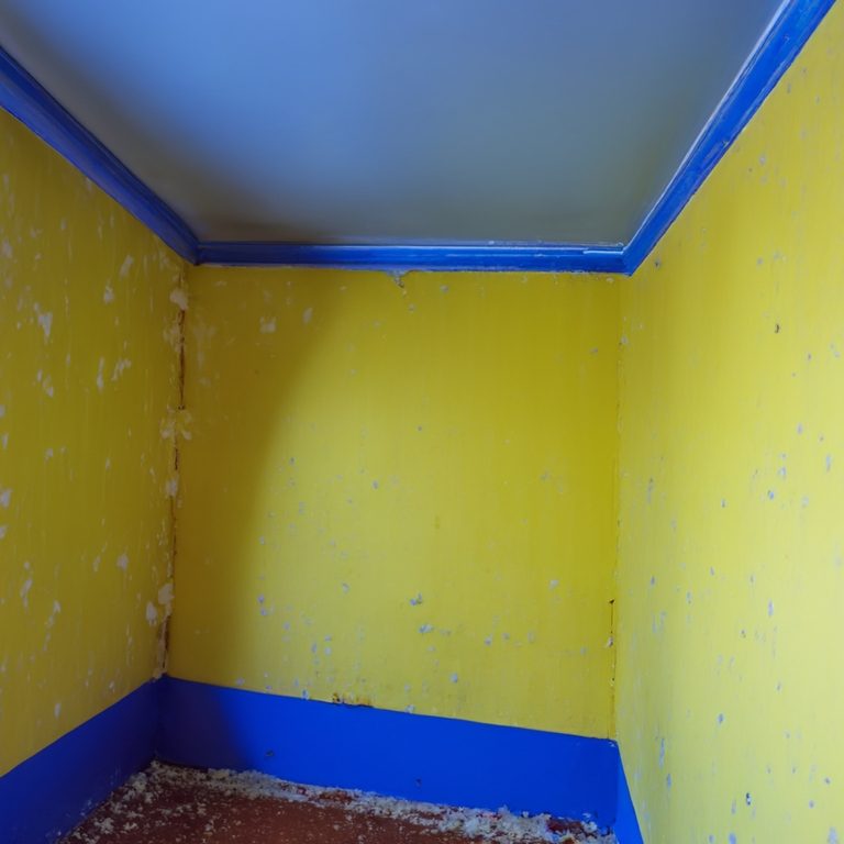 A corner of a room with yellow walls and blue trim, showing peeling paint.