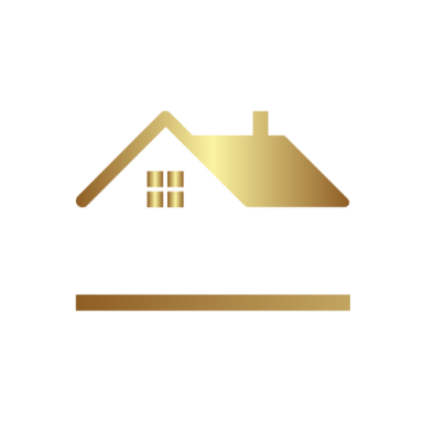 Gold house icon with a chimney and window, set above a horizontal line.